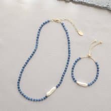PANNE Biwa Freshwater Pearl with Navy Blue Glass Necklace and Bracelet