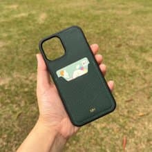 【iPhone咭位手機殼】綠色十字紋牛皮/防摔全包覆/悠遊卡套