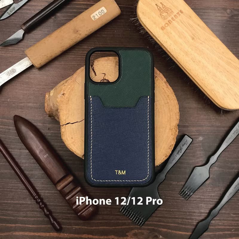 【iPhone咭位手機殼】綠色十字紋牛皮/防摔全包覆/悠遊卡套