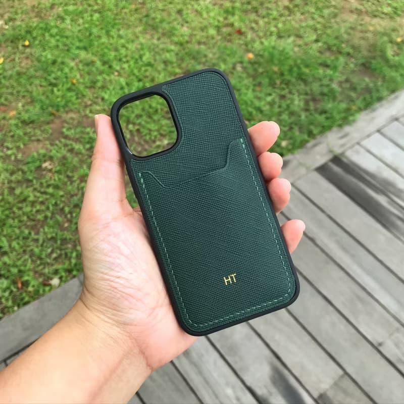 【iPhone咭位手機殼】綠色十字紋牛皮/防摔全包覆/悠遊卡套