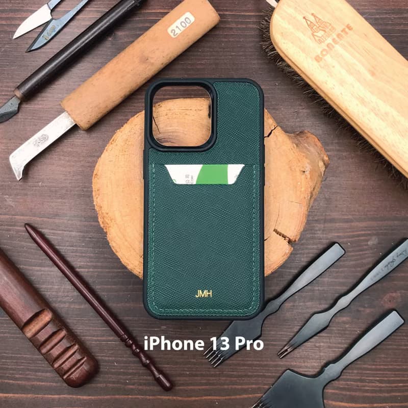 【iPhone咭位手機殼】綠色十字紋牛皮/防摔全包覆/悠遊卡套