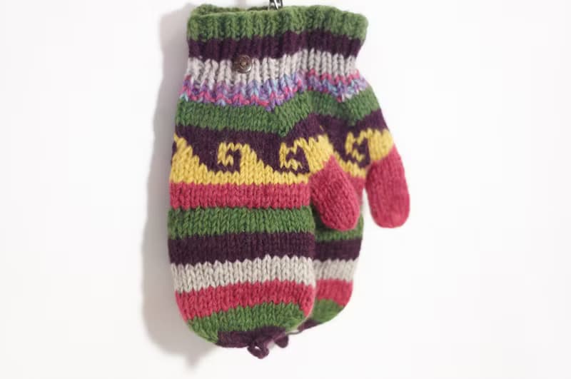 情人節禮物 限量一件針織純羊毛保暖手套 / 2ways手套 / 露趾手套 / 內刷毛手套 / 針織手套 - 混色森林系拼色民族圖騰