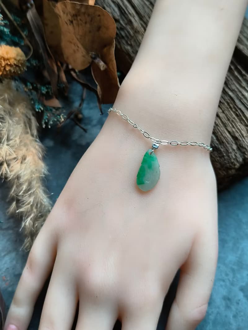 天然緬甸翡翠 冰種飄綠葉子銀手鍊