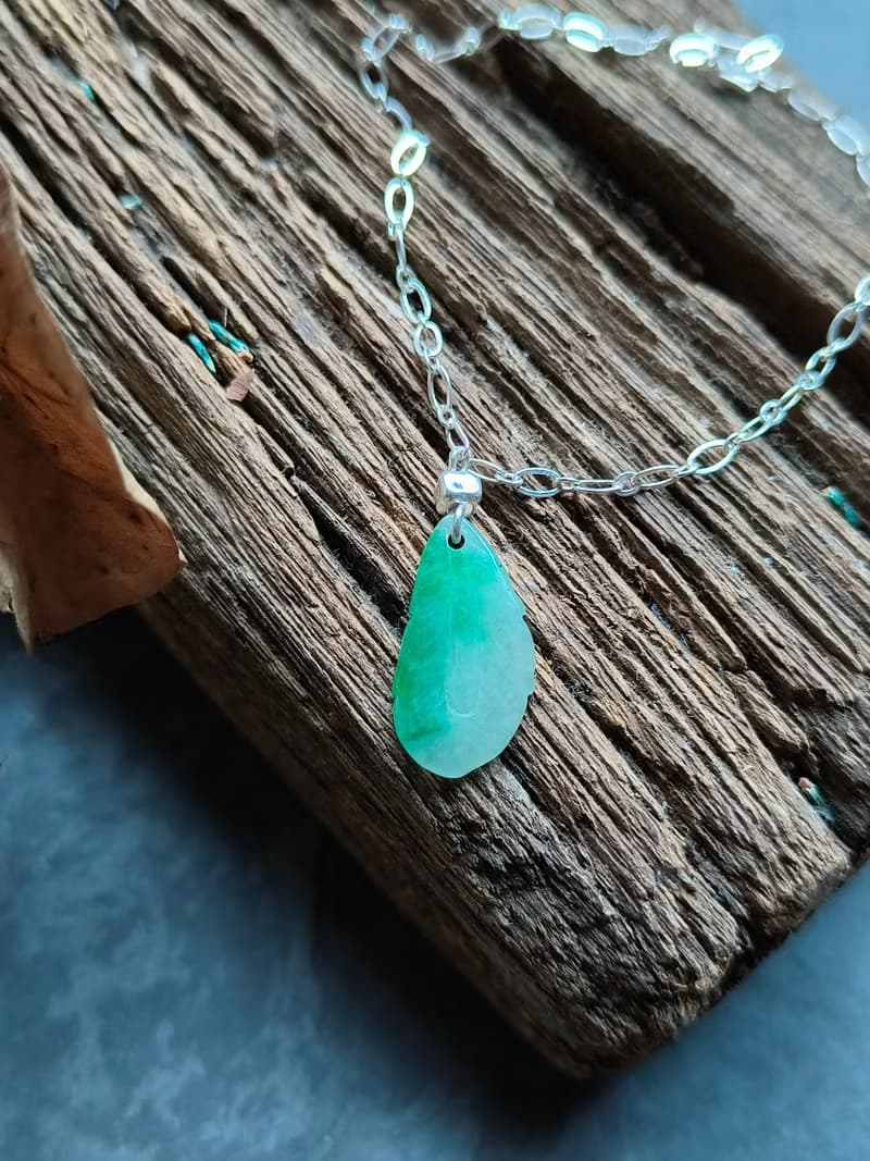 天然緬甸翡翠 冰種飄綠葉子銀手鍊