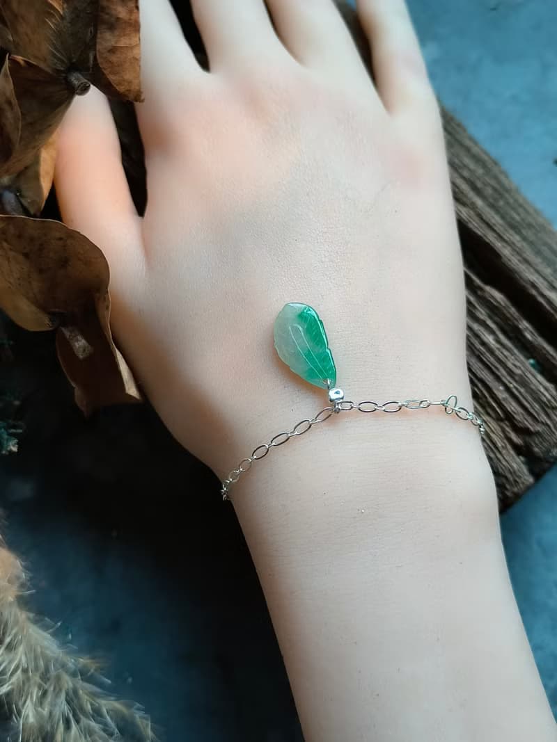 天然緬甸翡翠 冰種飄綠葉子銀手鍊