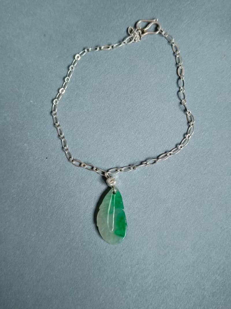 天然緬甸翡翠 冰種飄綠葉子銀手鍊