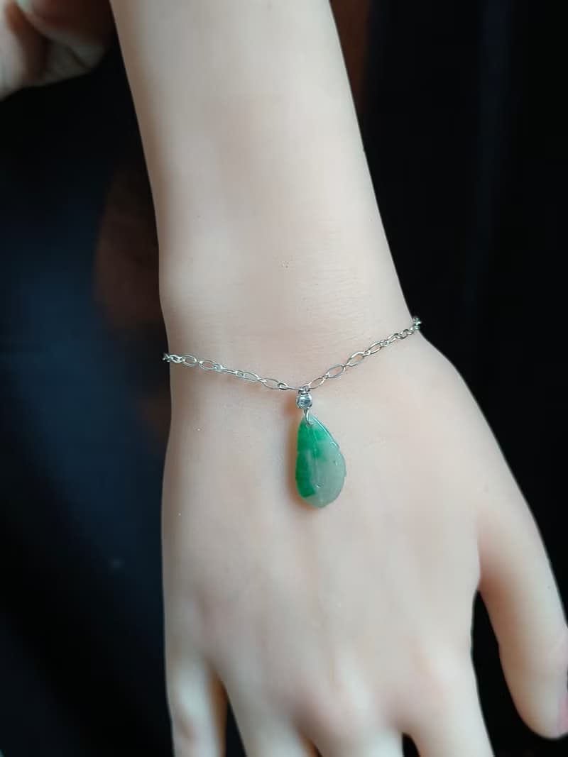 天然緬甸翡翠 冰種飄綠葉子銀手鍊