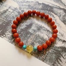 推窗見歡。天然川料南紅瑪瑙朱紅手鏈 金絞蜜 綠松石 復古風手串