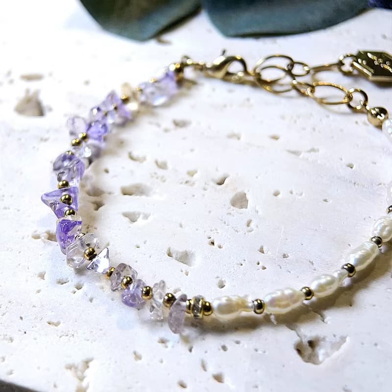 VIIART。半夏。紫黃晶珍珠古著金手鍊