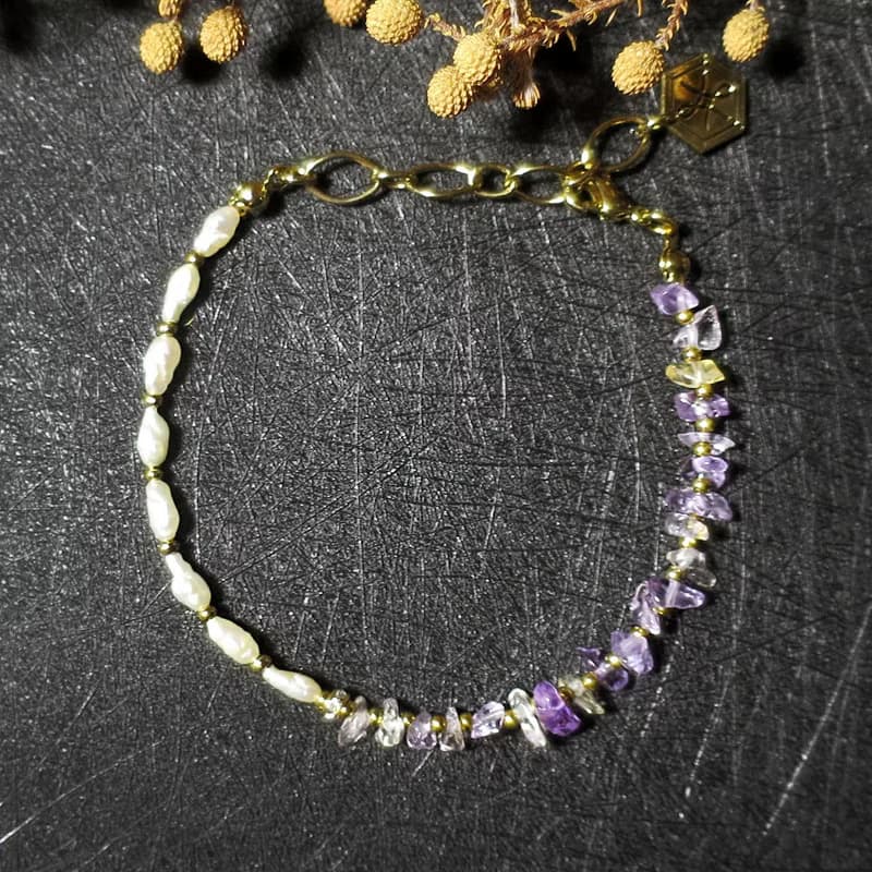 VIIART。半夏。紫黃晶珍珠古著金手鍊