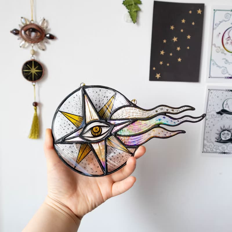 Stained glass ornament, Celestial home decor, Star Art