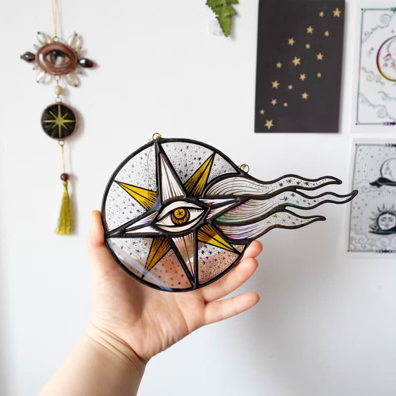 Stained glass ornament, Celestial home decor, Star Art