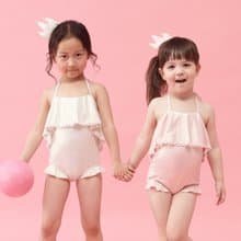 Ángeles-荷葉後綁帶連身泳裝+造型泳帽