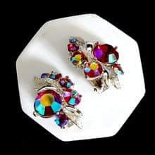 vintage jewelry  典雅玫瑰紅極光萊茵花卉 夾式耳環