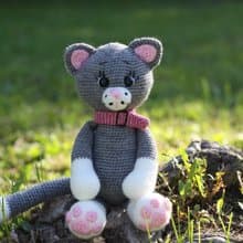 Crochet cat grey 9,8inch, Crochet cat Stuffed, toy knitted cat, Big soft cat