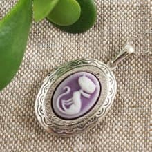 Purple White Cat Kitten Cameo Silver Oval Photo Locket Pendant Necklace Jewelry