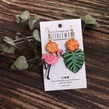 刺繡耳環 | 耳夾/耳勾 - 紅鶴龜背芋葉子款