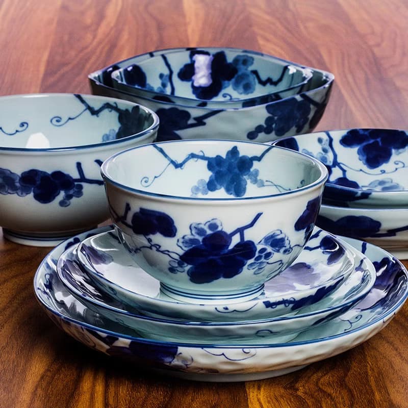 美濃燒日本進口藍染葡萄陶瓷釉下彩不規則菜盤子家用日式餐具碗碟