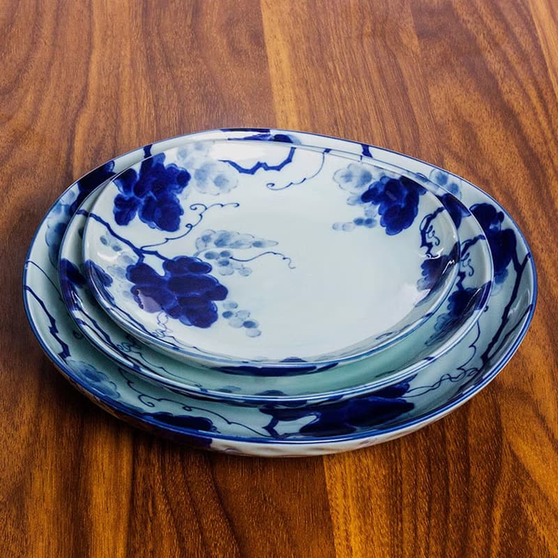 美濃燒日本進口藍染葡萄陶瓷釉下彩不規則菜盤子家用日式餐具碗碟