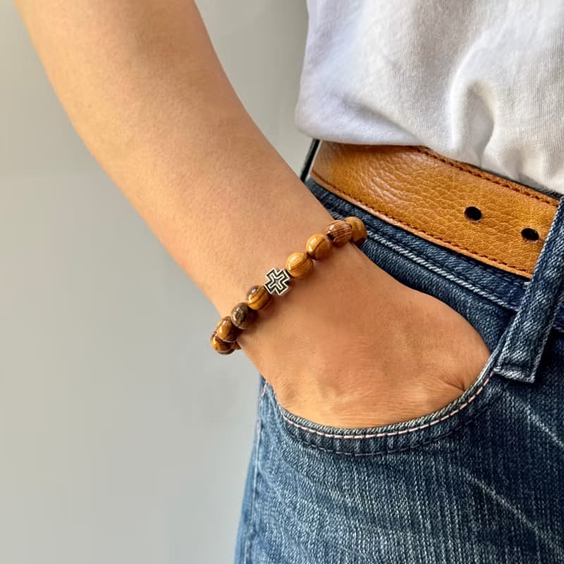 手鍊 進口8mm橄欖木珠結合施華洛世奇藍水晶珍珠配十字架 8250873