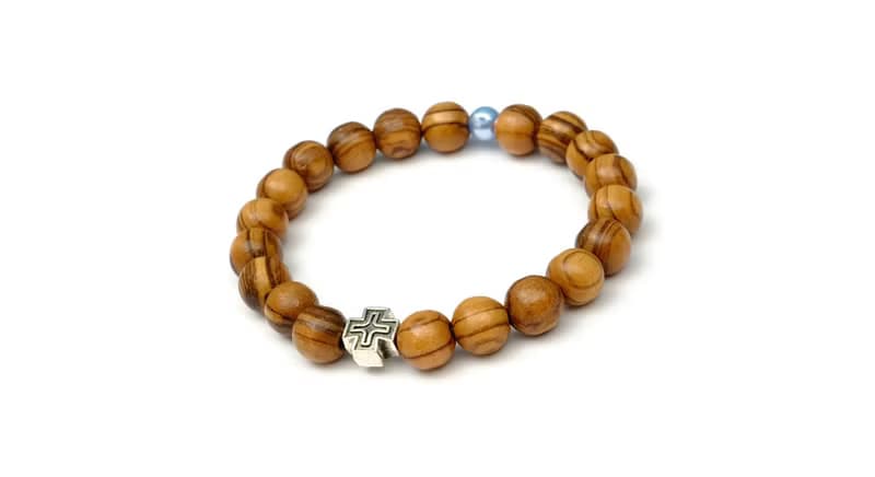 手鍊 進口8mm橄欖木珠結合施華洛世奇藍水晶珍珠配十字架 8250873