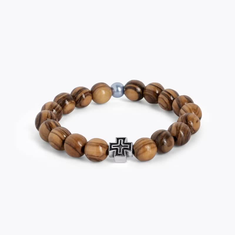 手鍊 進口8mm橄欖木珠結合施華洛世奇藍水晶珍珠配十字架 8250873