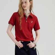 復古少年氣 polo格紋刺繡短袖T恤 紅色/灰色