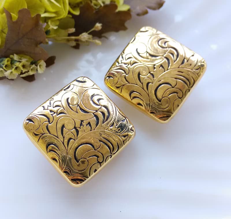 Vintage Jewelry 西洋古董飾品 花草壓紋  夾式耳環