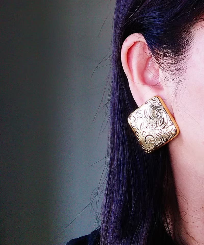 Vintage Jewelry 西洋古董飾品 花草壓紋  夾式耳環