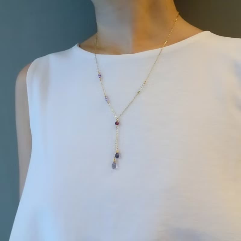 堇青石 石榴石 紫水晶 14K GF 包金 項鍊 Y字鍊 中長鍊