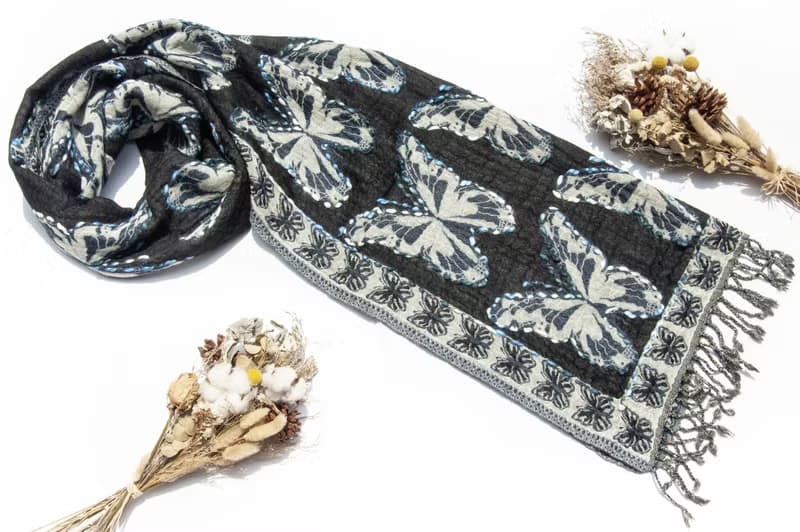 喀什米爾Cashmere/水煮羊毛披肩/針織圍巾/刺繡圍巾/羊絨披巾-蝶