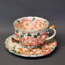 Porcelain Tea Set Mug and Saucer Flowers Bees Butterflies Berries Porcelain art
