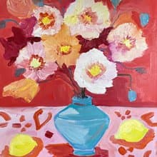 Still life with Poppies on a pink tablecloth, Original oil painting on canvas