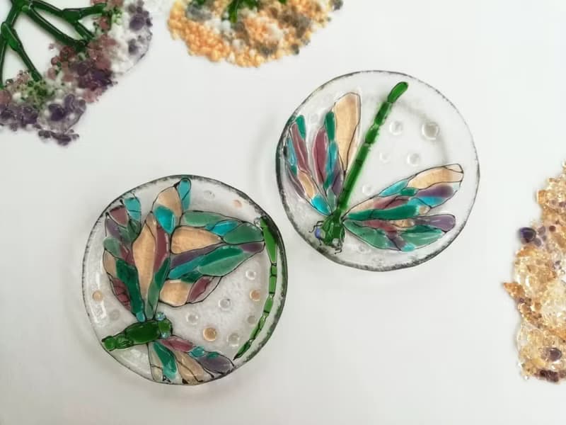 Set of 2 small decorative plates with dragonfly - Fused glass bowl