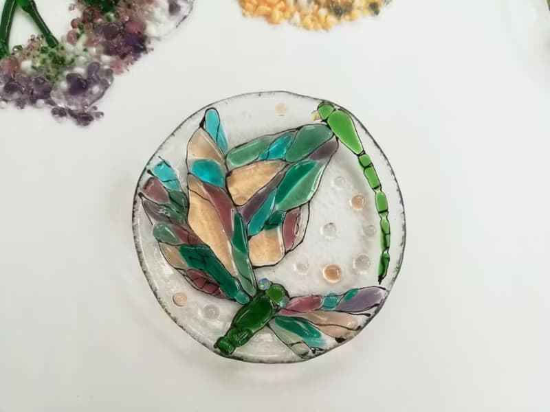 Set of 2 small decorative plates with dragonfly - Fused glass bowl