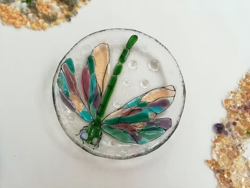 Set of 2 small decorative plates with dragonfly - Fused glass bowl