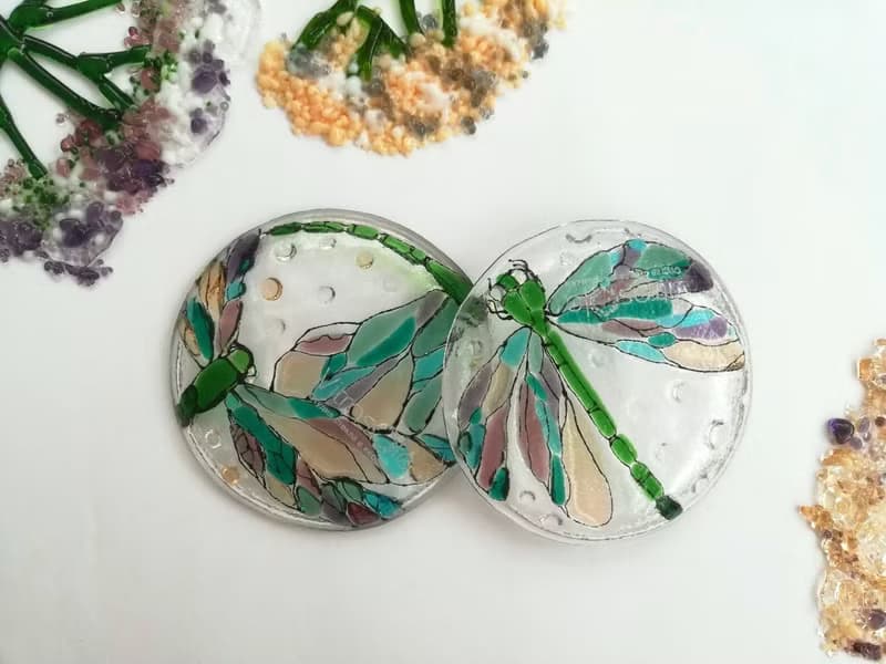 Set of 2 small decorative plates with dragonfly - Fused glass bowl