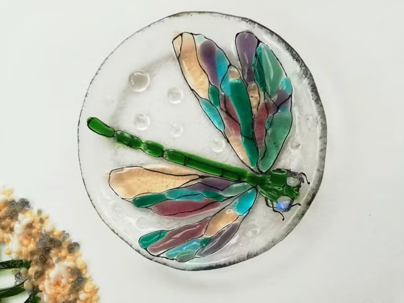 Set of 2 small decorative plates with dragonfly - Fused glass bowl