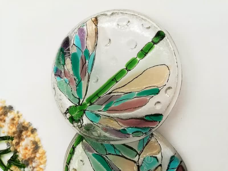 Set of 2 small decorative plates with dragonfly - Fused glass bowl
