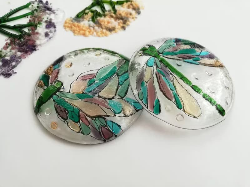 Set of 2 small decorative plates with dragonfly - Fused glass bowl