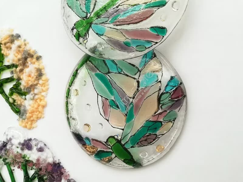 Set of 2 small decorative plates with dragonfly - Fused glass bowl