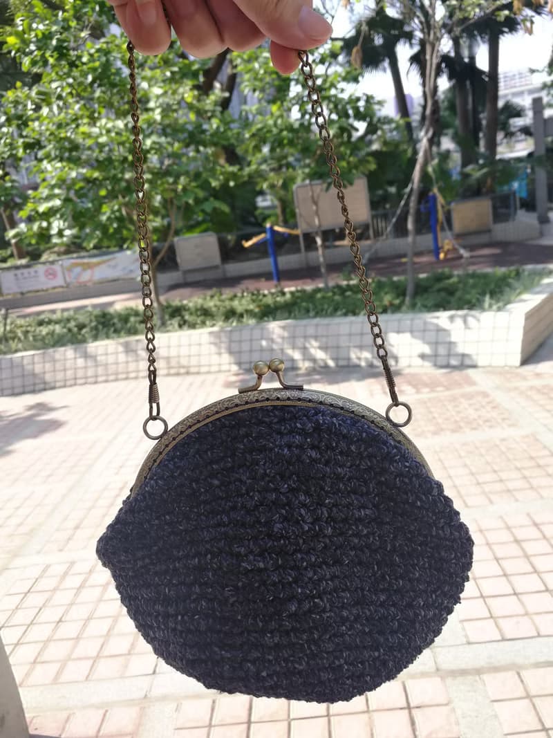 手工編織 粗花呢藍口金包-中型 單肩包 側揹包