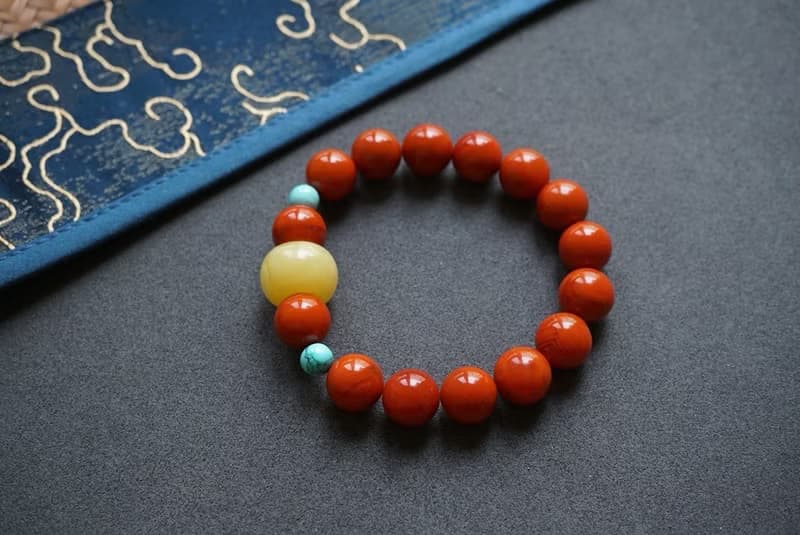 12mm天然川料南紅瑪瑙 綠松石俄料蜜蠟墩子設計單圈手串手鍊s