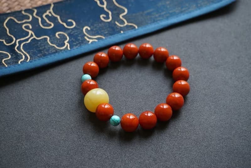 12mm天然川料南紅瑪瑙 綠松石俄料蜜蠟墩子設計單圈手串手鍊s