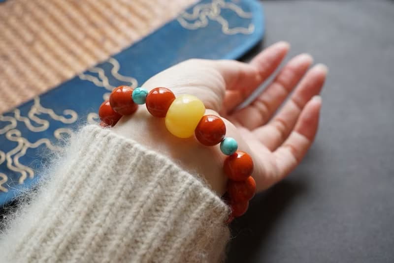 12mm天然川料南紅瑪瑙 綠松石俄料蜜蠟墩子設計單圈手串手鍊s