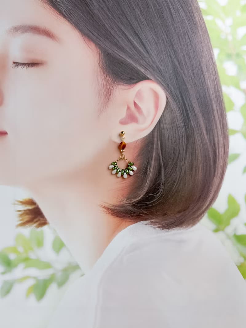 日式串珠-虎眼石煙火花耳環/黃+淺綠