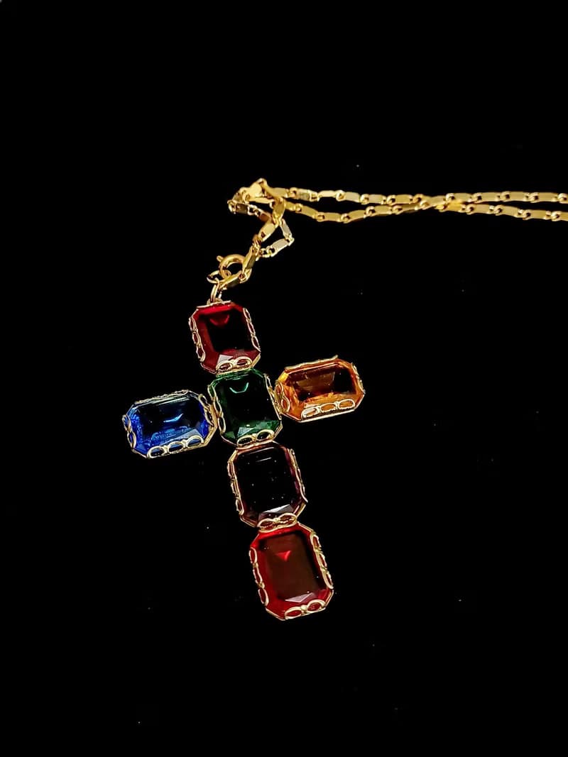 vintage jewelry  古典彩色玻璃十字架 項鍊
