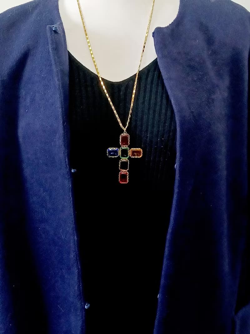 vintage jewelry  古典彩色玻璃十字架 項鍊