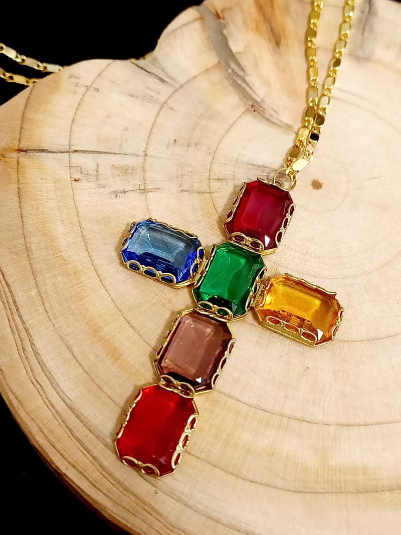 vintage jewelry  古典彩色玻璃十字架 項鍊