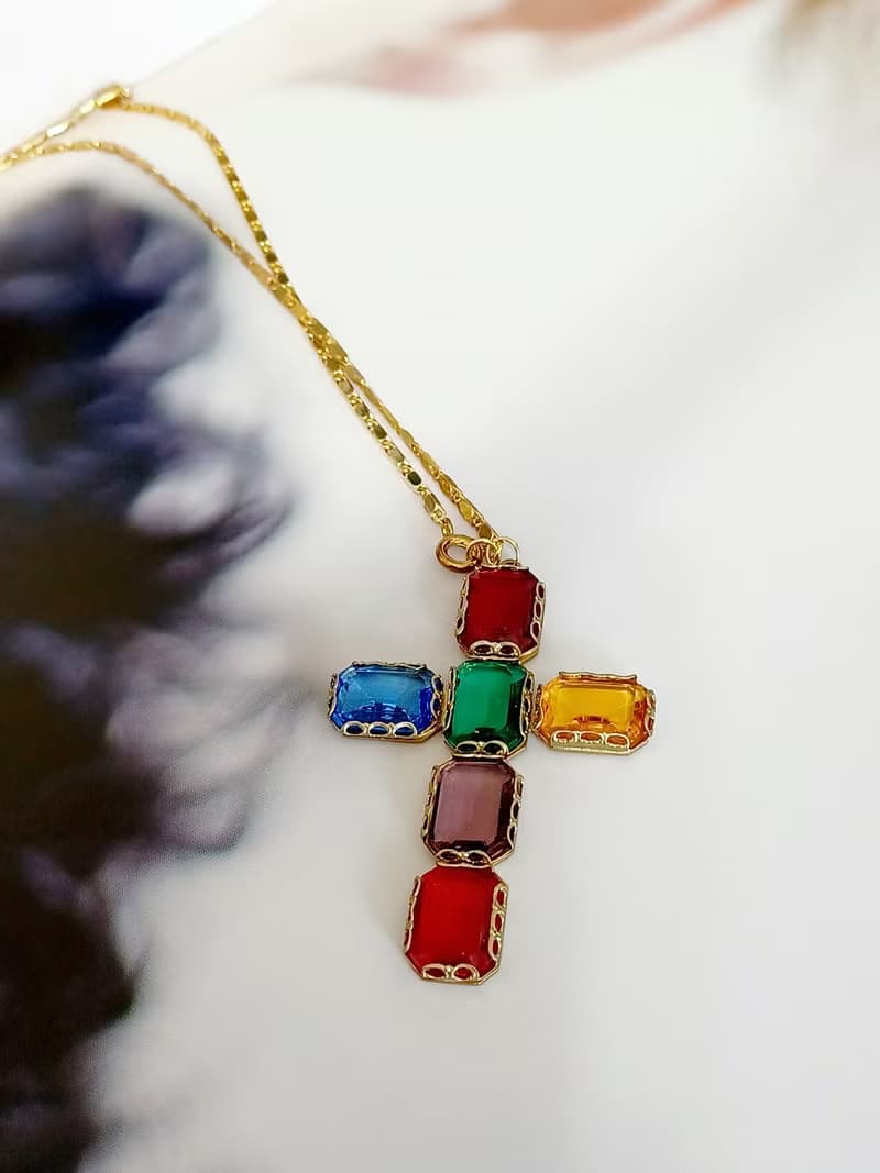vintage jewelry  古典彩色玻璃十字架 項鍊